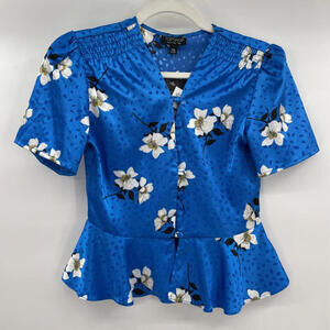 Women's Topshop NWT Floral Blue Peplum Top Shirt 2